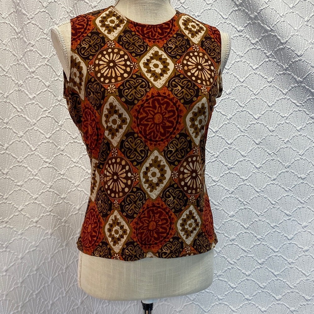 Susan Lawrence size Large Petite Geometric Brown‎ and Cream Tank Top stretch